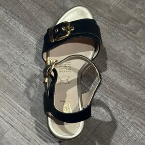 Vintage Minimalist Summer Black Leather Sandal Wedges with Gold Buckle